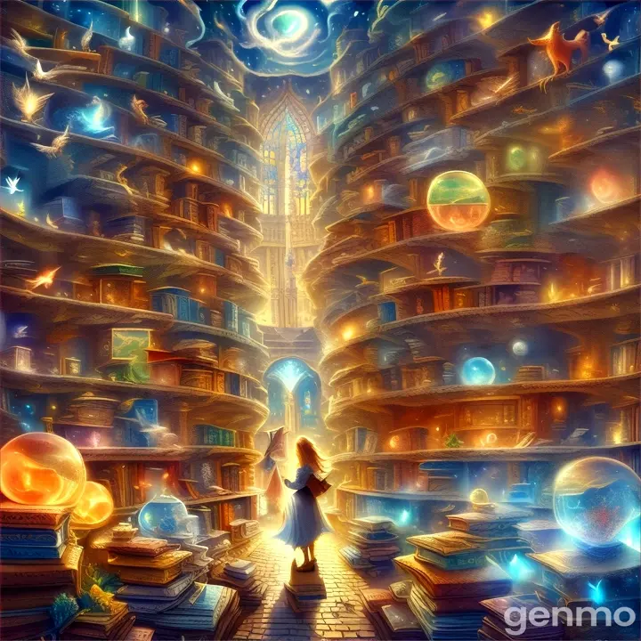 a painting of a woman standing in front of a book shelf filled with books