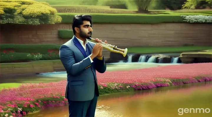 8k wide shot of a Pakistani man in a fitted blazer and trousers, on the right side of the frame, playing a flute among blooming flowers.