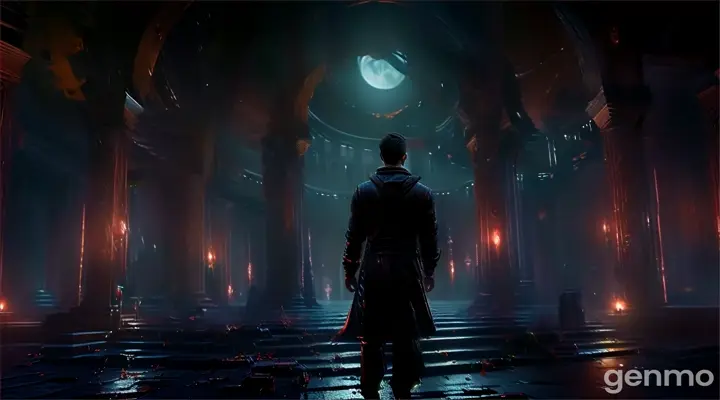  a young man in his mid-twenties with a lean build, entering into the abended temple, the atmosphere inside  the temple is mysterious and horror, dark night, horror mystery aesthetic