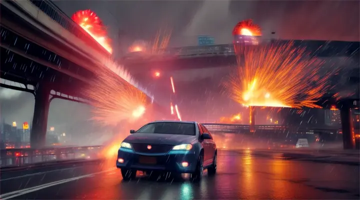 the viaduct bridge explode right in the middle, pieces of asphalt fall down, rain and smoke everywhere, neon city, rain and wind distort light and add movement to scene, anime style