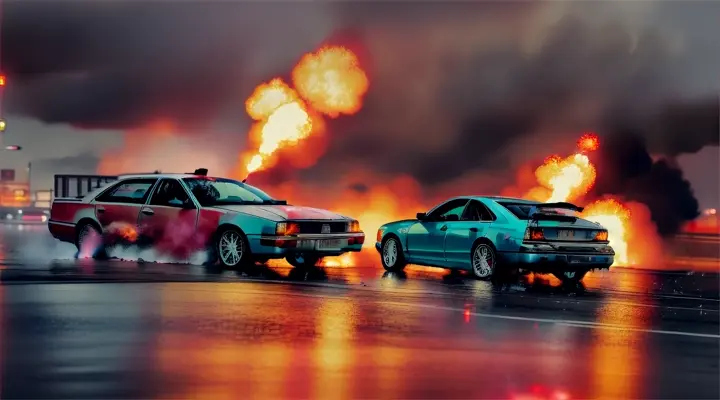 road explode and kollapse, cars fly apart in different directions, rain and fire and smoke everywhere, neon city, rain and wind distort light and add movement to scene, anime style