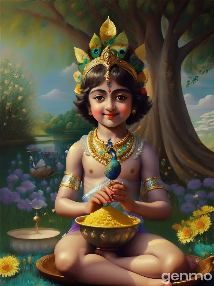 Scene of little Lord Krishna eating butter.