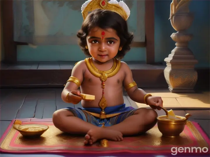 Scene of little Lord Krishna eating butter.