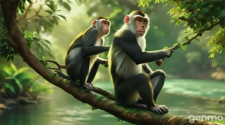 a monkey sitting on a tree branch In the backgrond Lush Green and river 3d redering vibrant color scenamic style