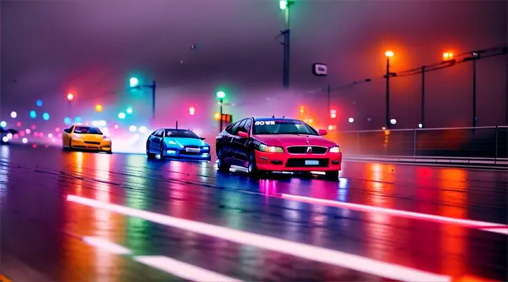 car race, rain and fire and smoke everywhere, neon city, rain and wind distort light and add movement to scene, anime style