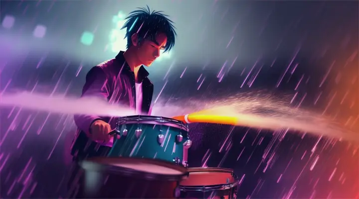 a drummer plays a drum kit, rain and smoke everywhere, neon city, anime style