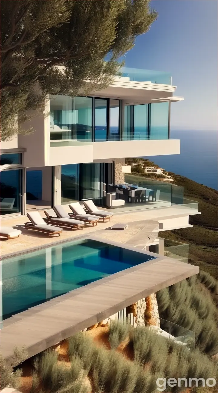 A modern luxury italian house situated on a cliff, by the sea, olive trees, modern mediterranean, with large windows and an infinity pool, featuring a minimalist design, open-plan living areas, glass walls, rooftop deck with stunning ocean views, clean lines, detailed sharp focus.