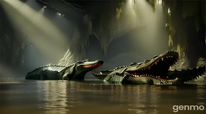 Inside the crocodile’s river den, a dark and somewhat gloomy place. The crocodile’s and female crocodile’s are eating berry, The atmosphere is happy, with a small opening allowing a sliver of light to enter, casting long shadows. Avoid any warm or bright colors. The scene should convey a sense of tension and unease. Exclude any overly cheerful elements or expressions; the focus should be on the wife’s cunning look and the crocodile’s worry. 3d rendering ,cinematic style