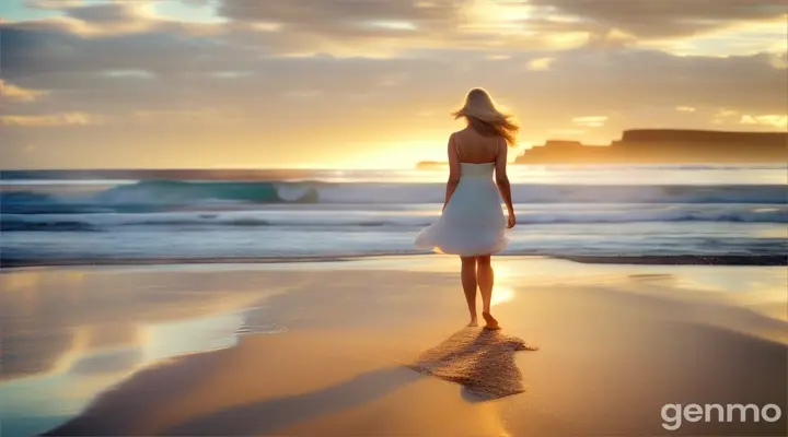 A pretty woman walking along the beach, with waves crashing dramatically at her feet in a cinematic shot