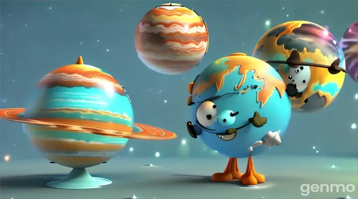 a couple of cartoon planets standing next to each other