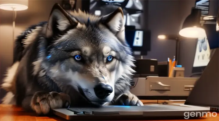 un loup gris, aux yeux bleus, est devant son ordinateur portable