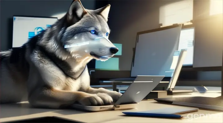 un loup gris, aux yeux bleus, est devant son ordinateur portable