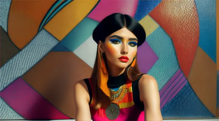 Stylish model sitting in front of a contemporary mosaic mural that displays colors complementing her outfit