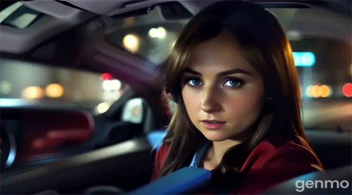 Realistic Documentary style scene of a 24-year-old brown haired woman driving a car, facing right, smiling, and wearing a seatbelt. She loves her car. She has on a red shirt. Detailed skin and facial features. 55mm lens. Background has motion blur, moving right to left, and a city at night. Soft black and blue cinematic lighting. It is nighttime.
