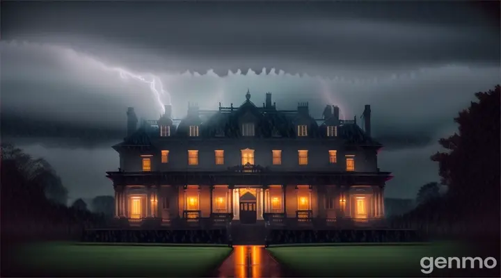 Mansion silhouetted against a stormy night sky, lightning illuminating the facade