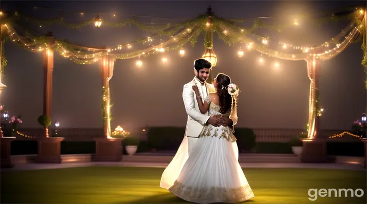 8k wide shot : a young Pakistani couple dancing slowly in a beautifully lit garden, with fairy lights and soft music in the background.