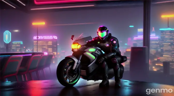 A lone biker in armorsuit sits at a neon-lit table in abandoned cafe, with holographic cityscape in background, the motorbike stands near by