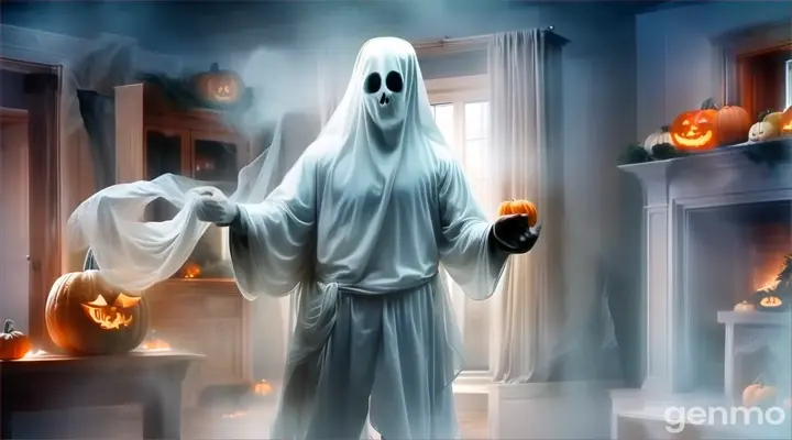 a ghost standing in a room with pumpkins