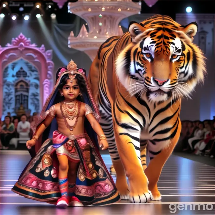 a tiger and a krishna walking  on runway