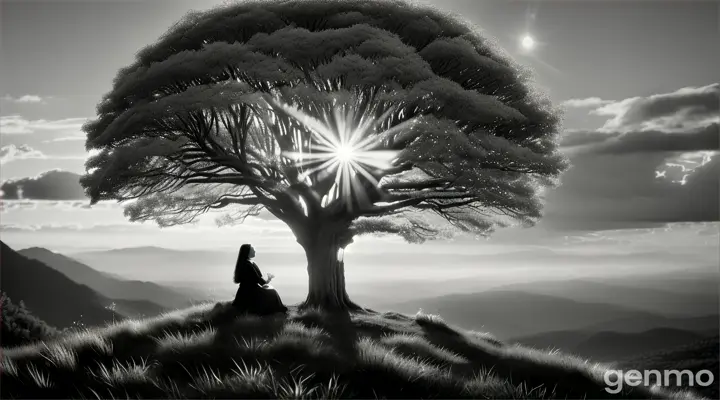 The white soul, a serene woman sitting on a glowing hill, her heart radiating bright light as she extends her hand towards the darkness - Hyper-real, Photorealistic, Hyper-detailed, Cinematic, 16:9, Ultra 8K, Hyper-detailed. Monochrome 