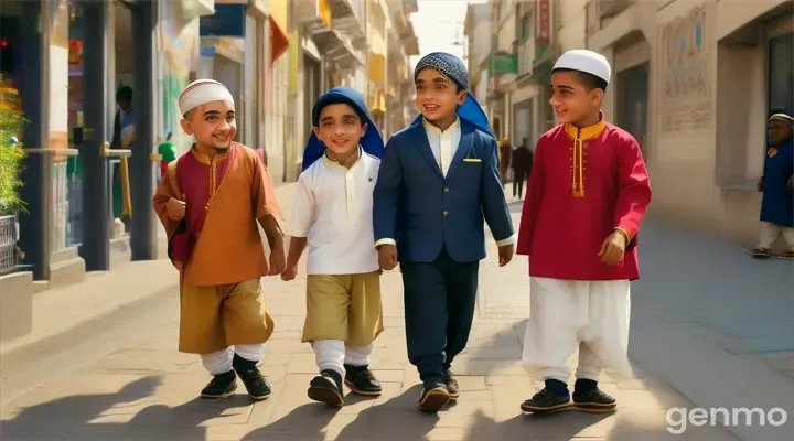 3 muslim dwarf boys walking through the city confidently and happily