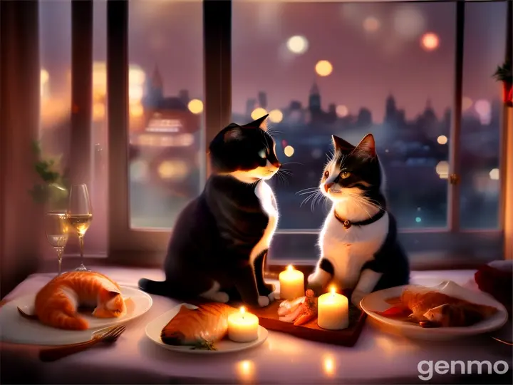 2 cats in love eating a candlelit dinner of fresh fish