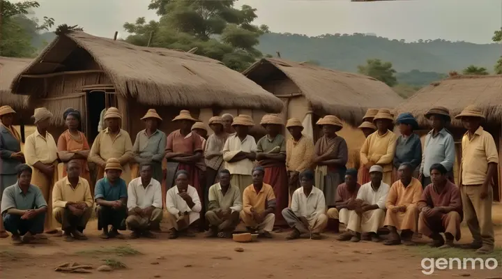 a group of people standing in front of a hut