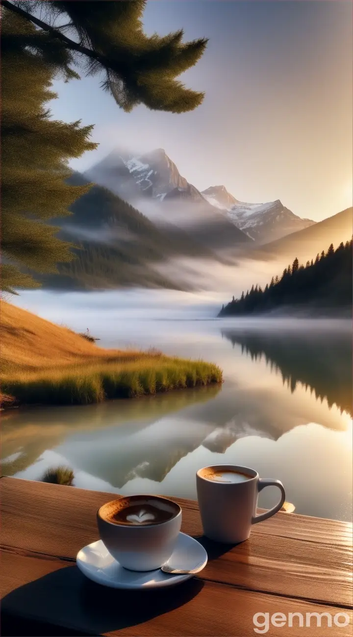 coffee cup at camping near lake and mountain