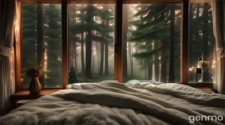 Open view of cozy bedroom, in Forest, Very Drizzle rain outside bedroom