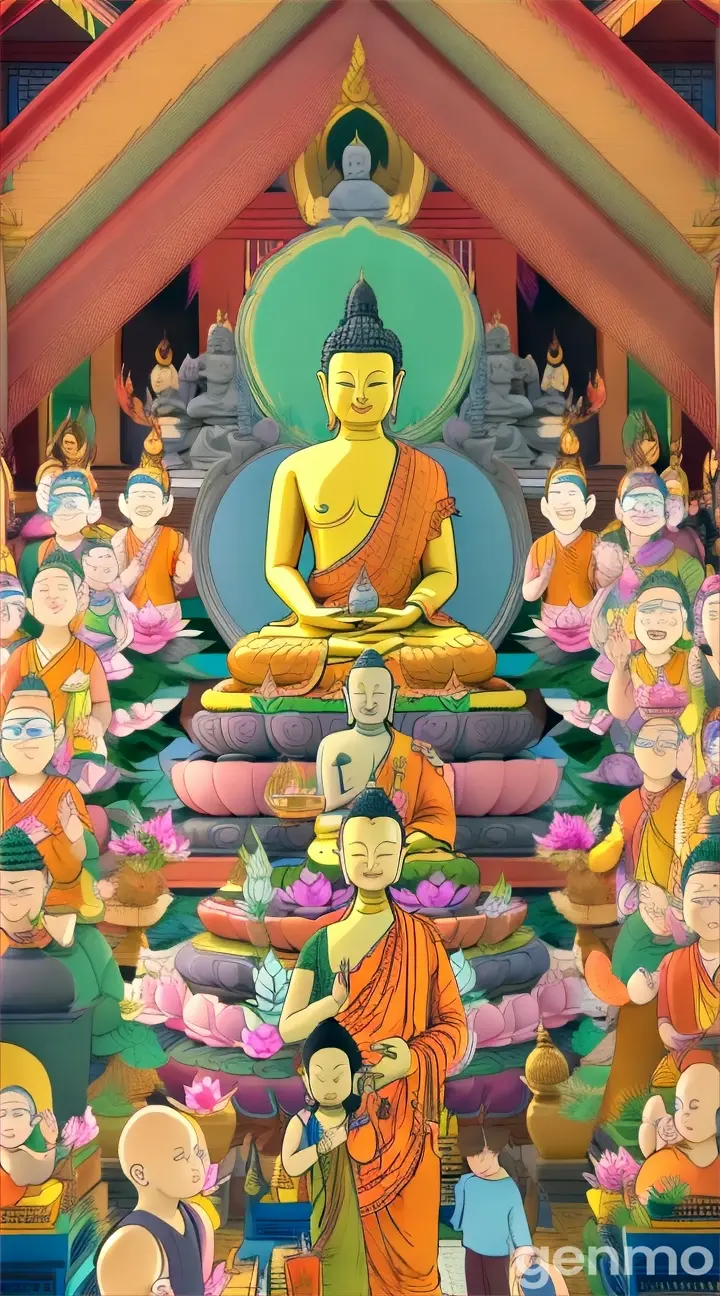 a group of people standing around a buddha statue