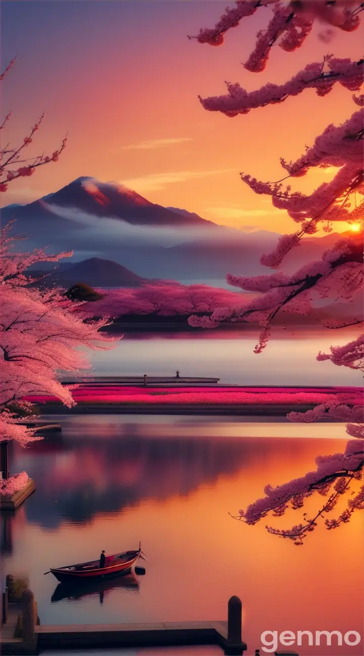 Cherry blossom garden overlooking a waterfront with a mountain range silhouetted against a vivid orange sunset