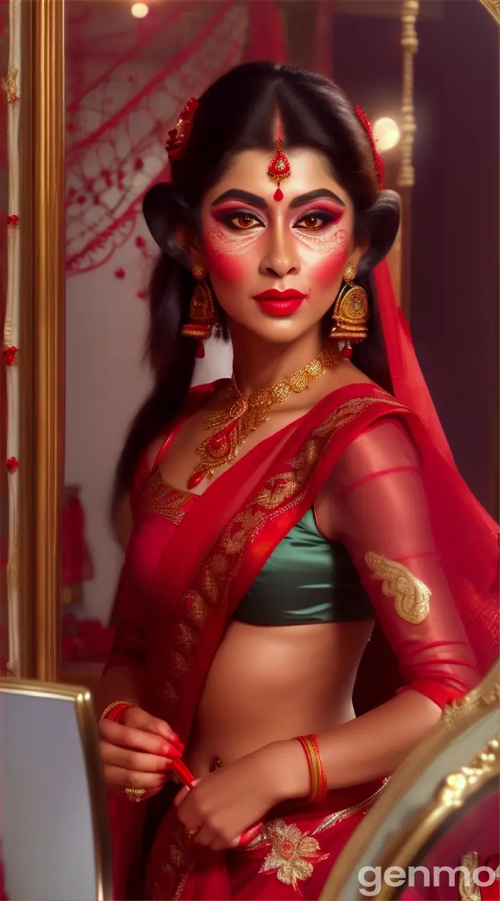 The monkey is red color net saree and red colir net blouse and stand in front if the mirror and doing makeup