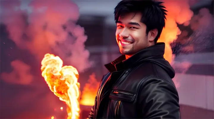 a man in a black jacket smile and looks at the camera, background - explode sreet, fire and smoke everywhere, neon lights at night, heavy rain and wind, anime style, person dame like Seed: 1507365982