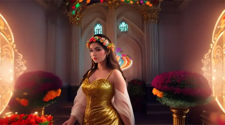 A beautiful woman celebrated by creatures in festive garb, in a grand illuminated mansion surrounded by flowers
