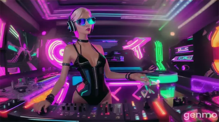 A slender woman with a bigger bust than usual in steampunk sunglasses, shiny headphones and a low-cut latex swimsuit stands near a DJ's mixing console and an electric piano in a steampunk club. A minimum of clothes. Laser beams of bright colors on the background of large television screens. “An FPV drone shot”