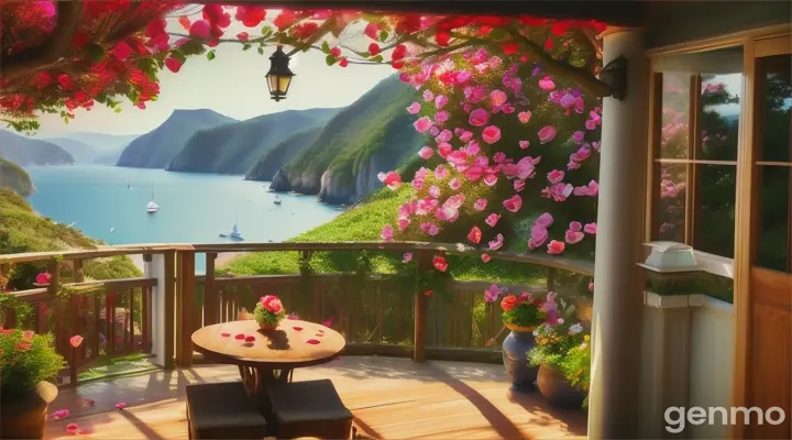 sea, sun, mountains, garden with flowers, rose petals flying through the air, realistic, holiday