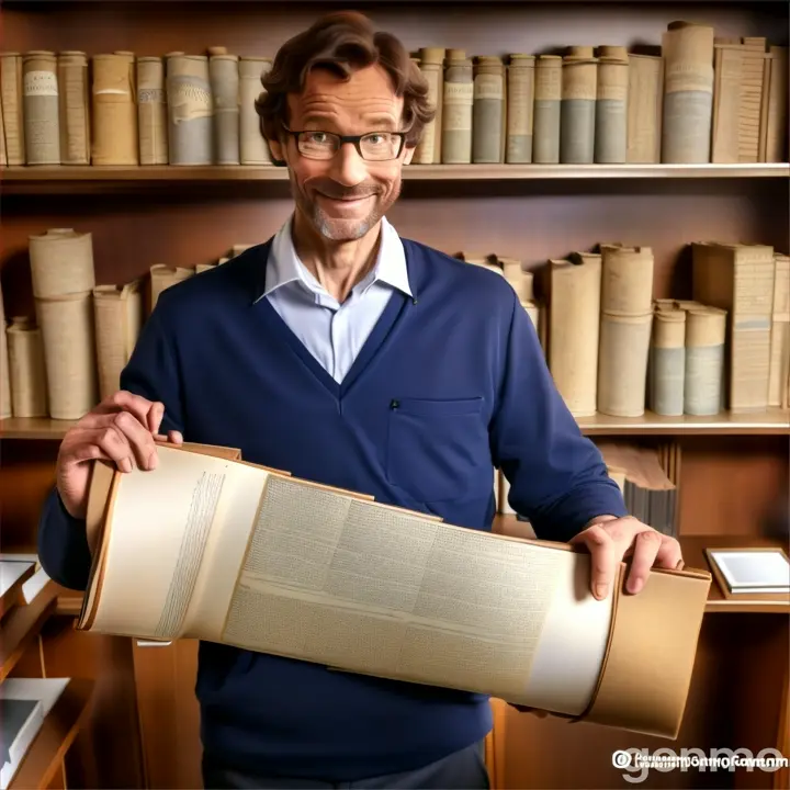 a man holding a large piece of paper in front of a bookshelf