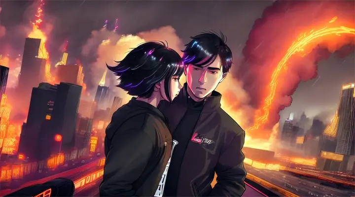 a man in a black jacket and girl in white t-shirt looks at the camera, background - explode city, fire and smoke everywhere, neon lights at night, heavy rain and wind, long shot in full height, anime style