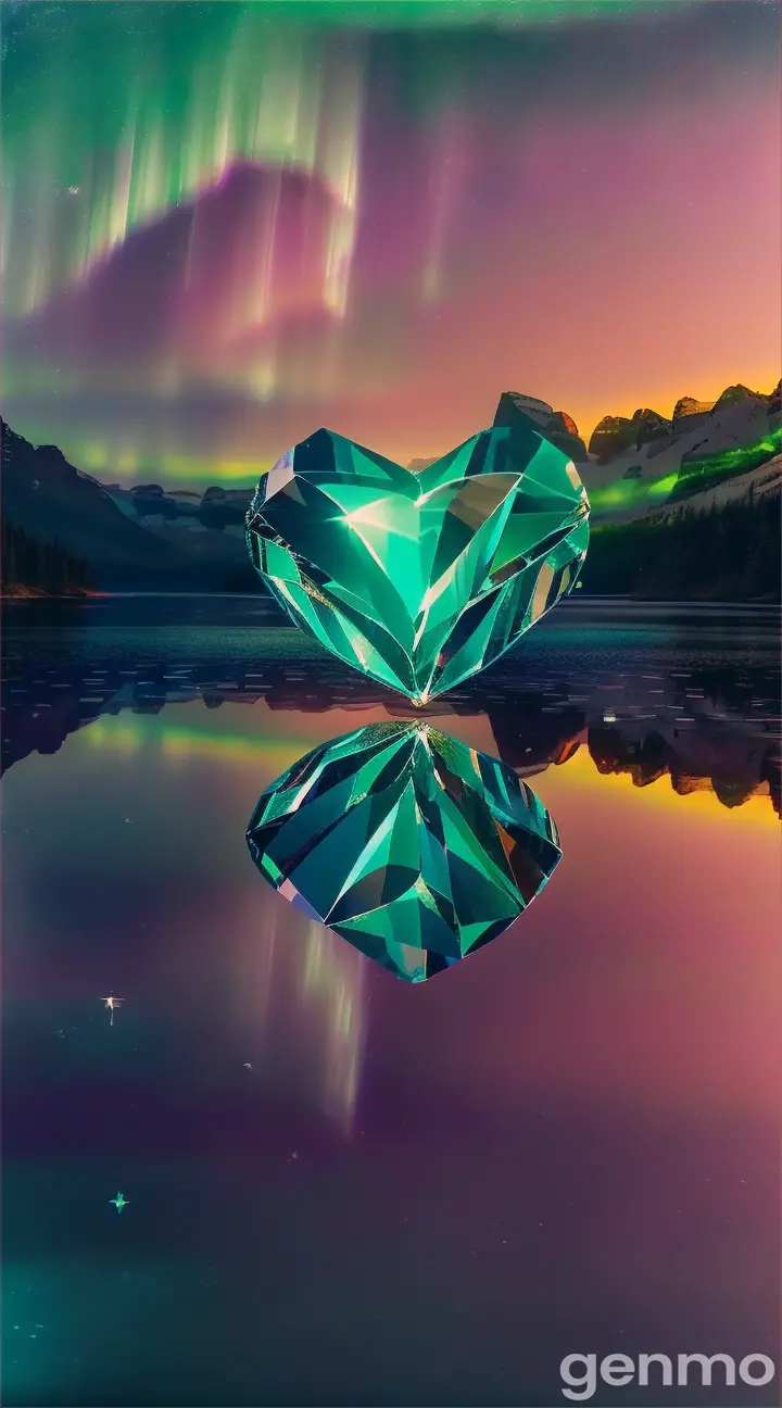 A magical crystal heart glows in the still waters of an enchanted lake, while the aurora borealis shimmers in the sky above