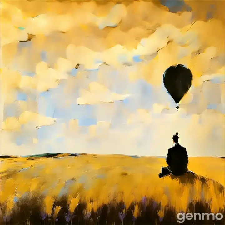 Person sitting in scenic pastel-colored field, surrounding hot air balloons add romance