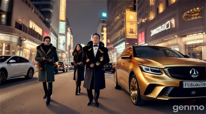 3 Rich people live in excess and walk the streets with expensive furs, jewelry and junk food. In the background you can see dirt on the street and expensive smart cars driving, artstation, highly detailed, 8k render, extremely detailed and realistic, sharp focus, dystopian, (Gold), sunshine, cinematic lighting, volumetric lighting, shot on Fujifilm XT4, 80mm lens, Fuji color