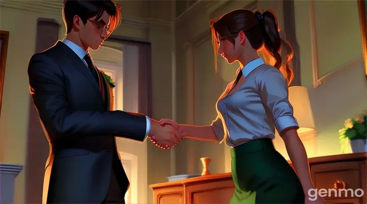 a man and a woman shaking hands in a room