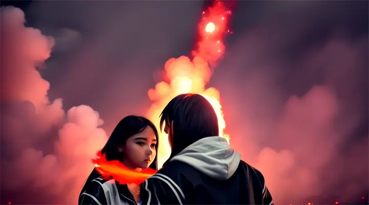 a girl in a white t-shirt stands next to man in a black jacket and looks directly at the camera, background - explode city, fire and smoke everywhere, neon lights at night, heavy rain, wide angle, long shot in full height, anime style