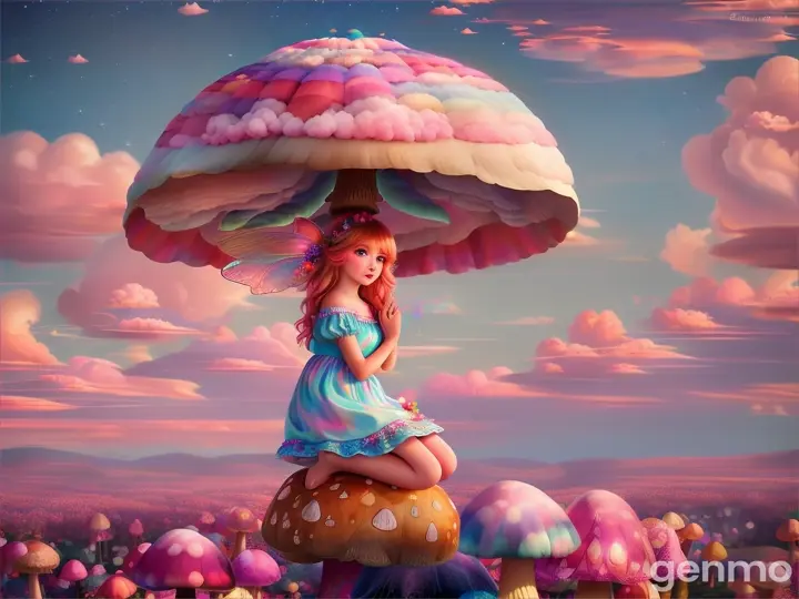 Whimsical girl perches on mushroom in cotton candy sky