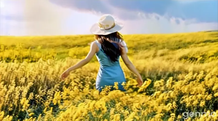 a woman walking through a field of yellow flowers