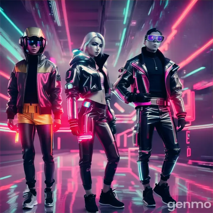 [Subject: Futuristic Cyberpunk Fashion with Drones and Retro Vibes] A high-resolution, cinematic Instagram image featuring four stylish characters dressed in cyberpunk-inspired outfits, influenced by the metallic aesthetic in the provided image. The setting is a neon-lit, futuristic city street with drones hovering in the background.

**Character 1** (left): Wearing a metallic silver puffer jacket over a light gray hoodie, paired with relaxed-fit, high-waisted joggers. She completes her look with chunky, reflective sneakers that glow softly under the city lights. Her hair is styled in a high, neon pink topknot, adding a pop of color to her futuristic ensemble.

**Character 2** (second from left): Sporting a metallic silver crop top paired with high-waisted cargo pants featuring glowing neon accents. She finishes her outfit with sleek, tech-infused sneakers and large hoop earrings, her hair styled in a tight, high bun for a clean, modern look.

**Character 3** (third from left): Dressed in a cropped tank top with a metallic finish and high-waisted shorts in a matching silver tone. This character rocks bright, glowing sneakers and accessorizes with layered neon bracelets. Her natural curls are styled into a voluminous afro, giving her a bold, standout presence.

**Character 4** (right): Wearing a metallic silver hoodie with a cropped design, paired with high-waisted joggers that have neon-lit seams. She completes her look with high-top sneakers that emit a soft glow and oversized white sunglasses. Her hair is styled in a sleek bob, blending retro and futuristic elements seamlessly.

The background is filled with activity—drones hover in the air, while the reflective wet pavement mirrors the vibrant neon lights from the towering skyscrapers. The atmosphere is both stylish and high-tech, capturing the essence of futuristic fashion with a retro twist.

[Lighting: Neon city glow with cinematic reflections] 