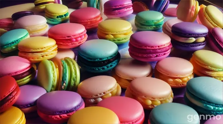 Brightly colored macarons in a row, closeup, high-resolution photo