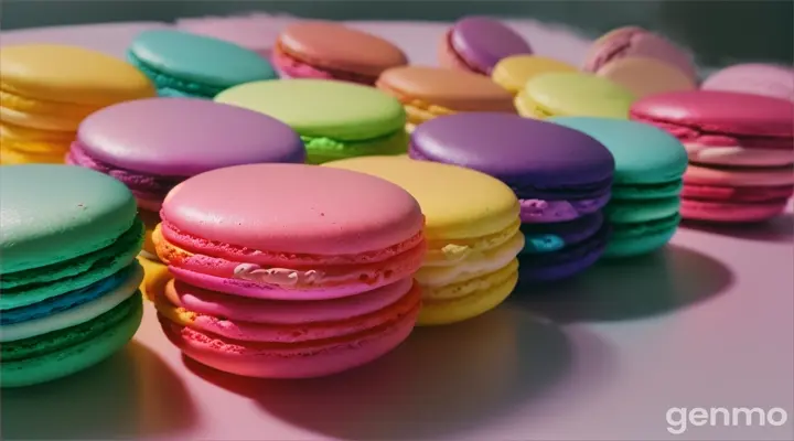 Brightly colored macarons in a row, closeup, high-resolution photo