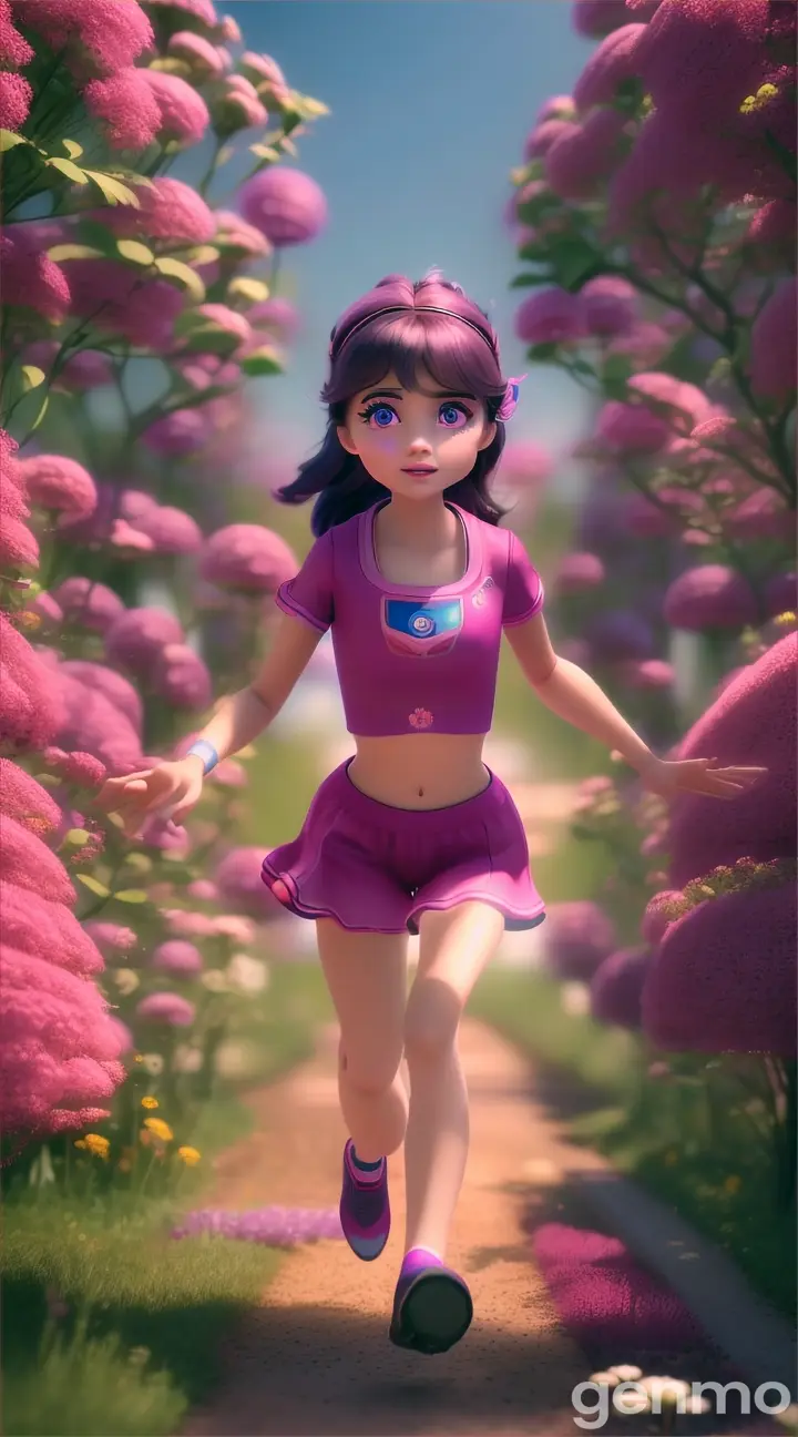 A small little sci fi girl in cute smart short outfit is running towards us through a flower garden extremely delicate looking adorable cute and sweet, viva magenta colour outfit, perfect and prominent features, animated 3d fair blue eyes beautiful long hair, 9:16 ratio a 100% perfect and professionaly video with perfect movements and animations, she is moving forward toward us