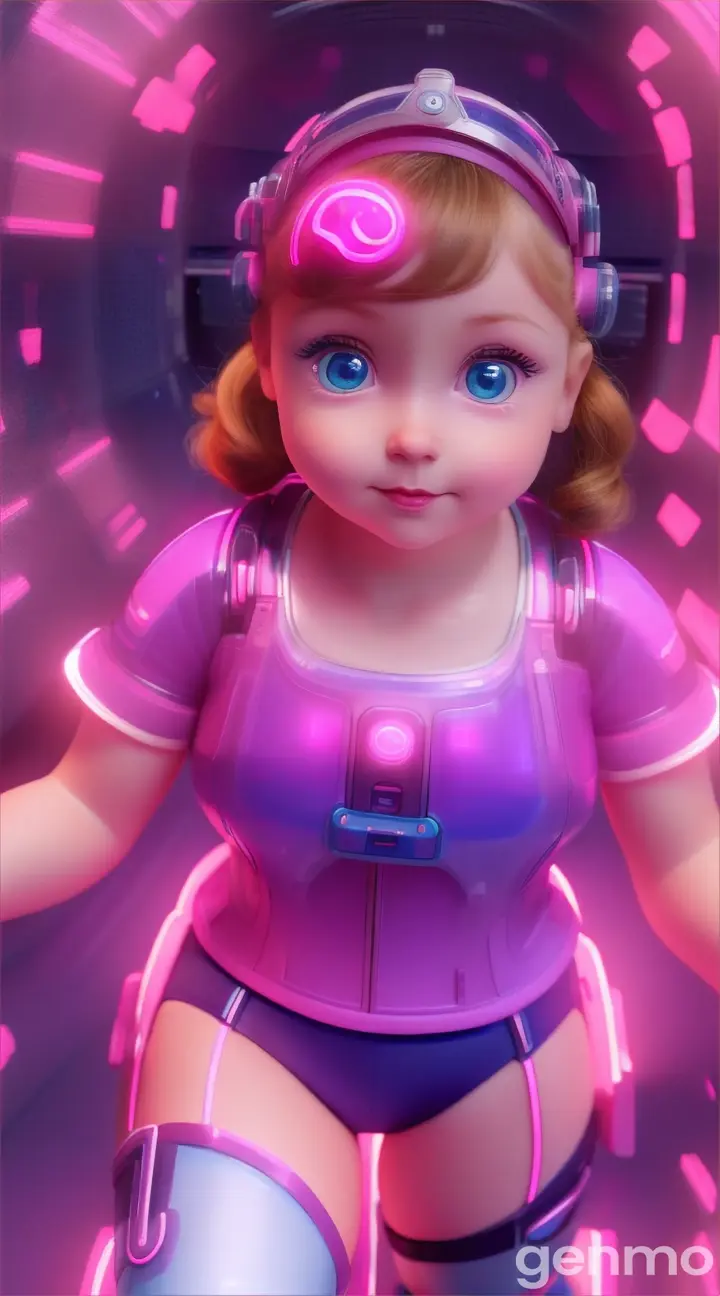 A small little  fururistic girl in 1940 in very sweet and cute smart short outfit is running towards us through futuristic hitech city, extremely delicate looking adorable cute and  big blue eyes, fair, chubby round cheeks, in pink futuristic outfit, sweet, viva magenta colour outfit, perfect and prominent features, animated 3d fair blue eyes beautiful long hair, 9:16 ratio a 100% perfect and professionaly video with perfect movements and animations, she is moving forward toward us, she is very small  baby girl of 3 years age, stunning sfx,vgx, neon lighting, features should be perfect, it should not be blurry or hazy